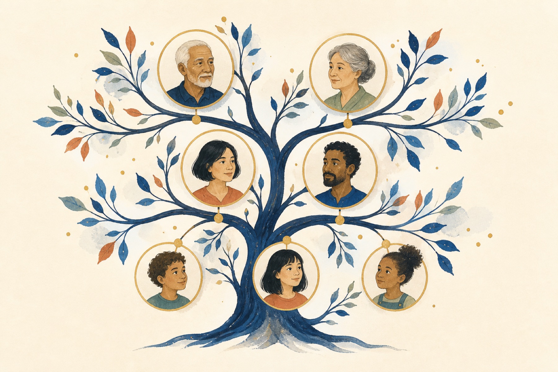 Illustrated family tree with portrait medallions connected by branching lines